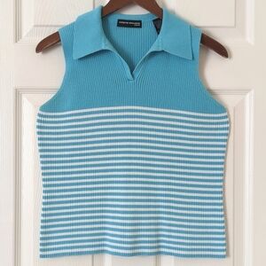 Valerie Stevens 90's Vintage Striped Ribbed Knit Collared Tank Top Blue White M